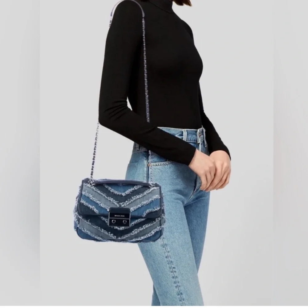 Michael Kors Sloan Small Denim Chevron Patchwork MK Silver Chain Shoulder Bag